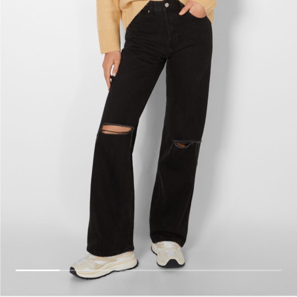 NWT BLACK DISTRESSED WIDE LEG HIGH WAIST BERSHKA JEANS